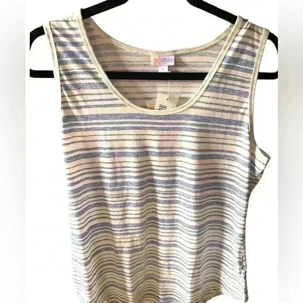 Lularoe XL white striped tank top. Denim distressed stripe. NWT. Pit to pit 20”